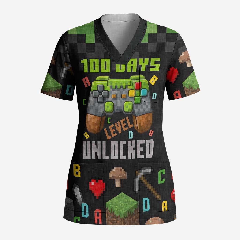 100 Days Level Unlocked Scrub Top Gaming 100 Days of School Boys