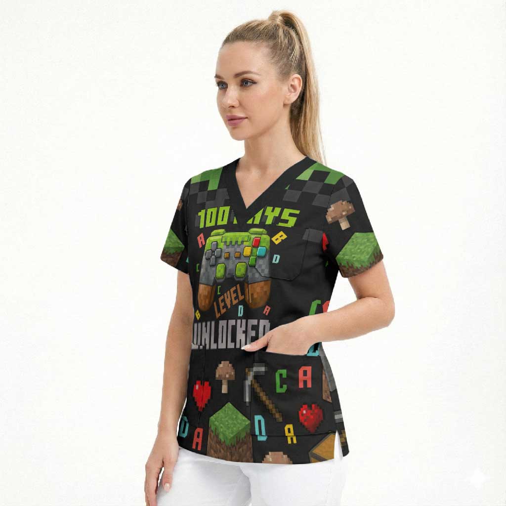 100 Days Level Unlocked Scrub Top Gaming 100 Days of School Boys