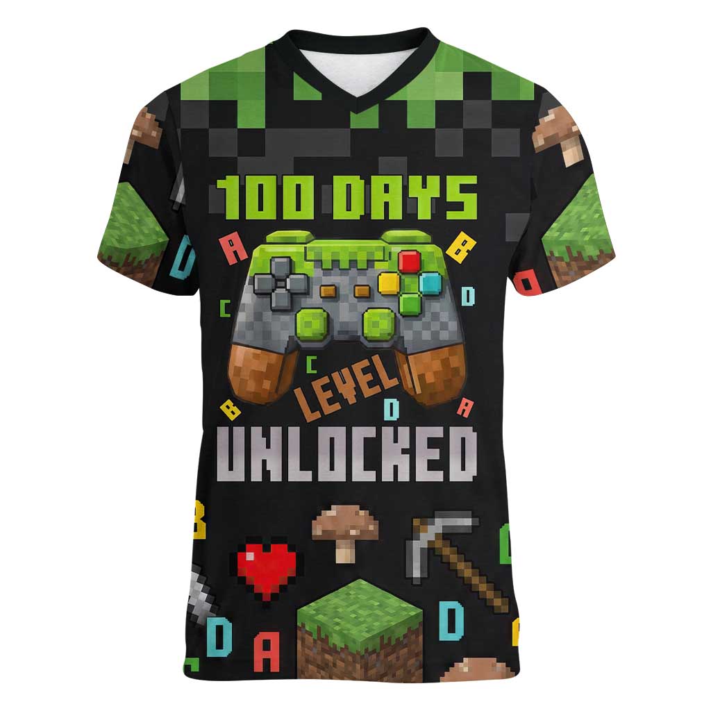 100 Days Level Unlocked Women V-Neck T-Shirt Gaming 100 Days of School Boys