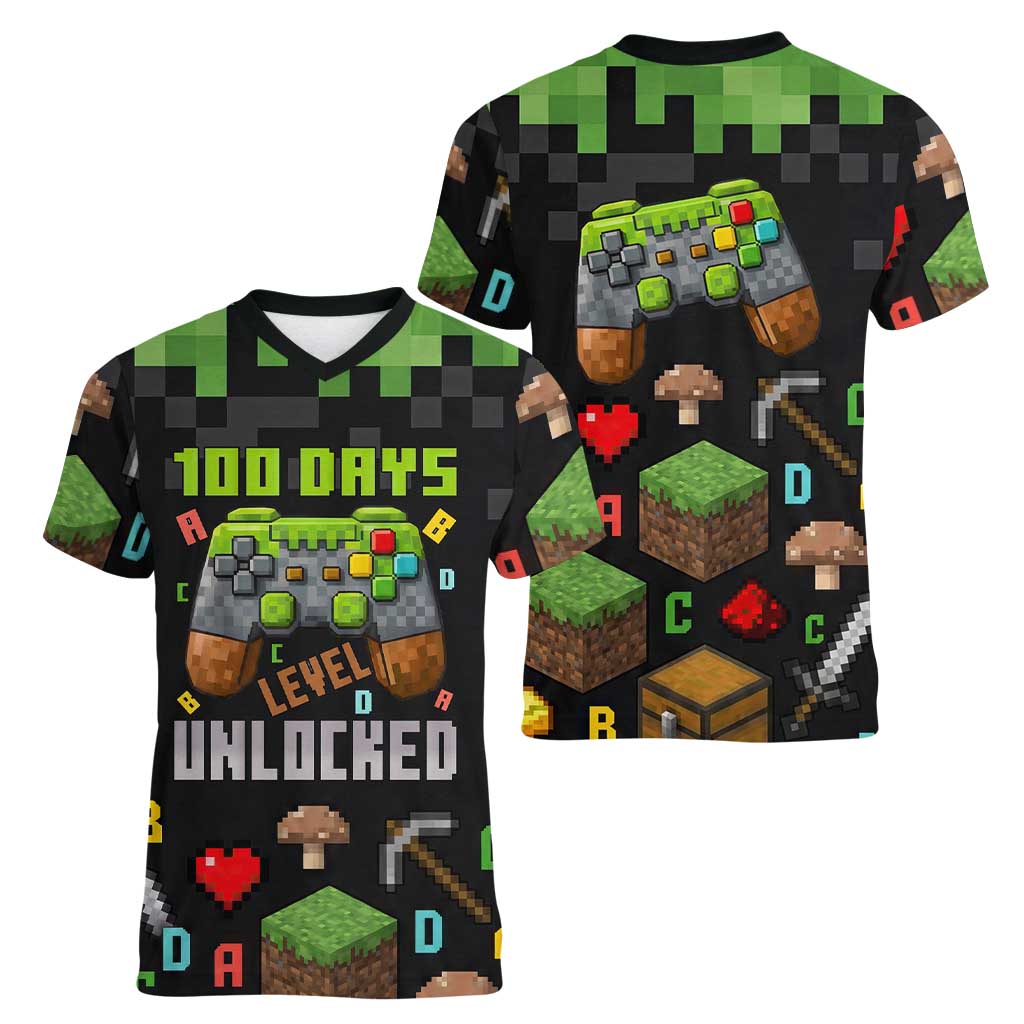 100 Days Level Unlocked Women V-Neck T-Shirt Gaming 100 Days of School Boys