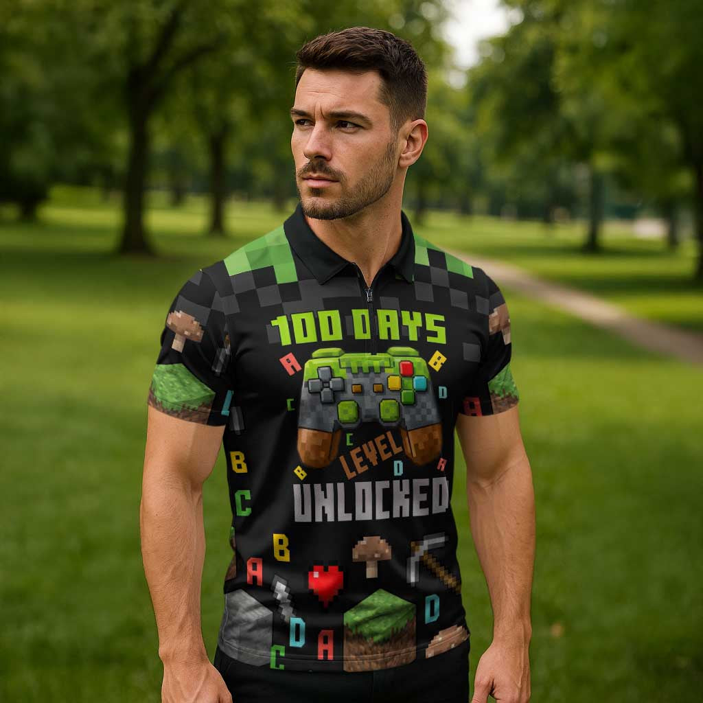 100 Days Level Unlocked Zipper Polo Shirt Gaming 100 Days of School Boys