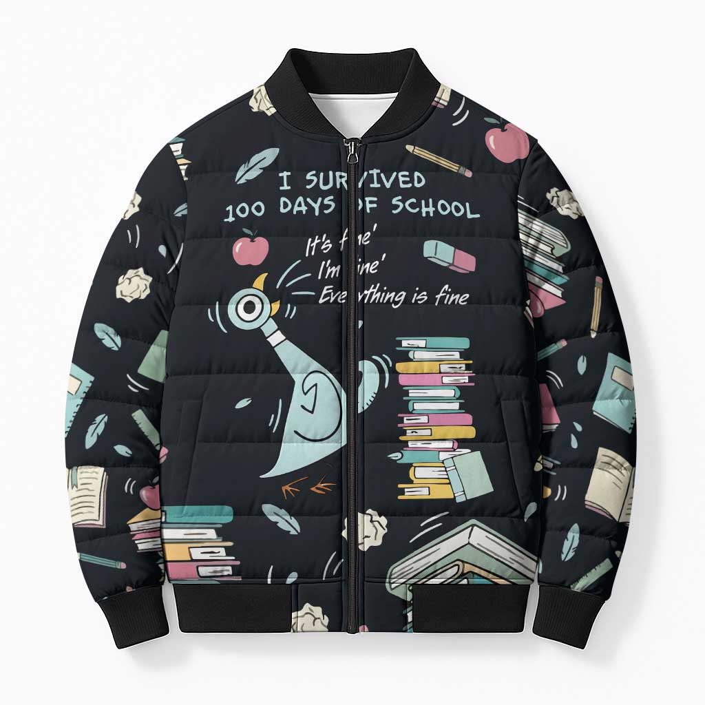 I Survived 100 Days of School Bomber Puffer Jacket Funny Pigeon 100th Day Teacher