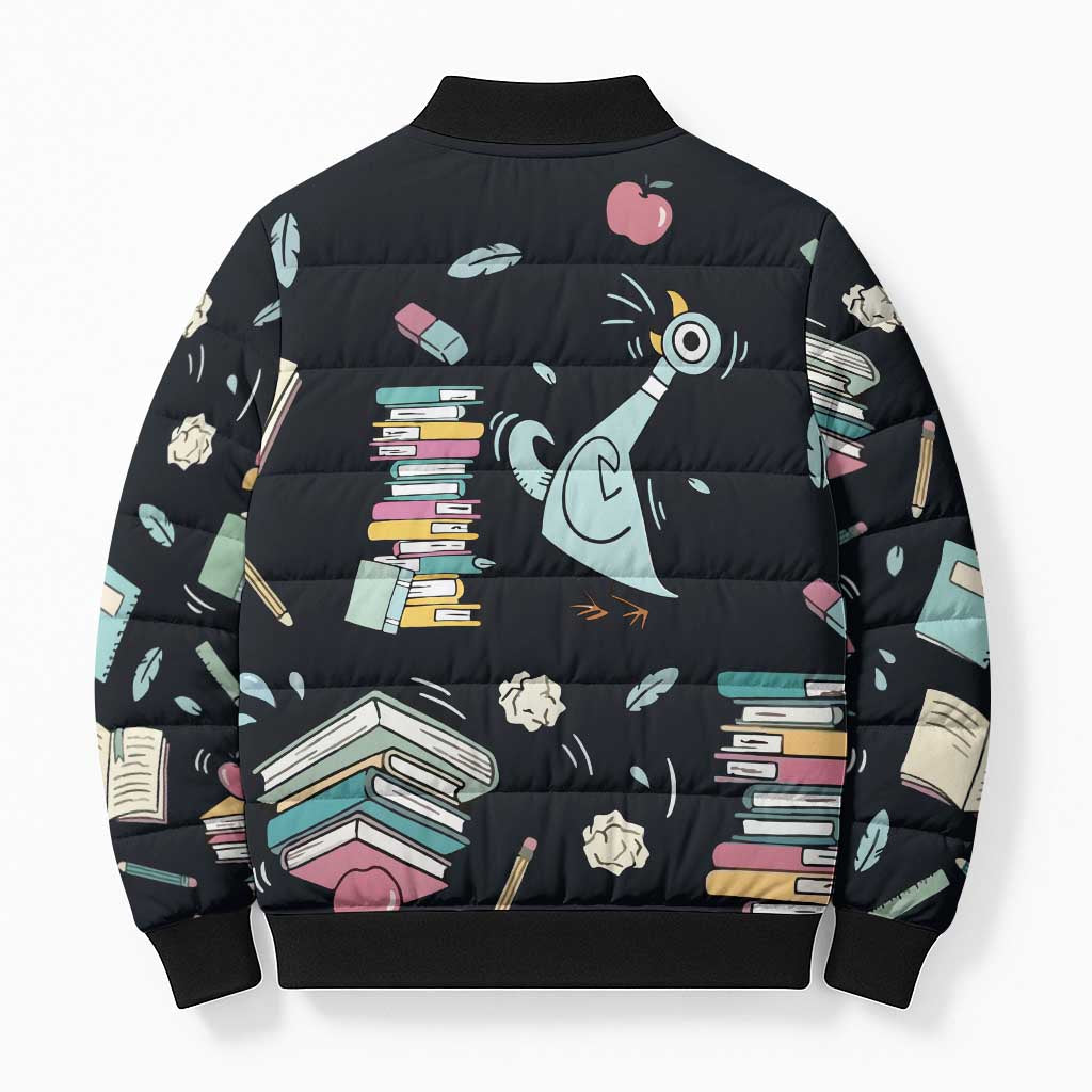 I Survived 100 Days of School Bomber Puffer Jacket Funny Pigeon 100th Day Teacher