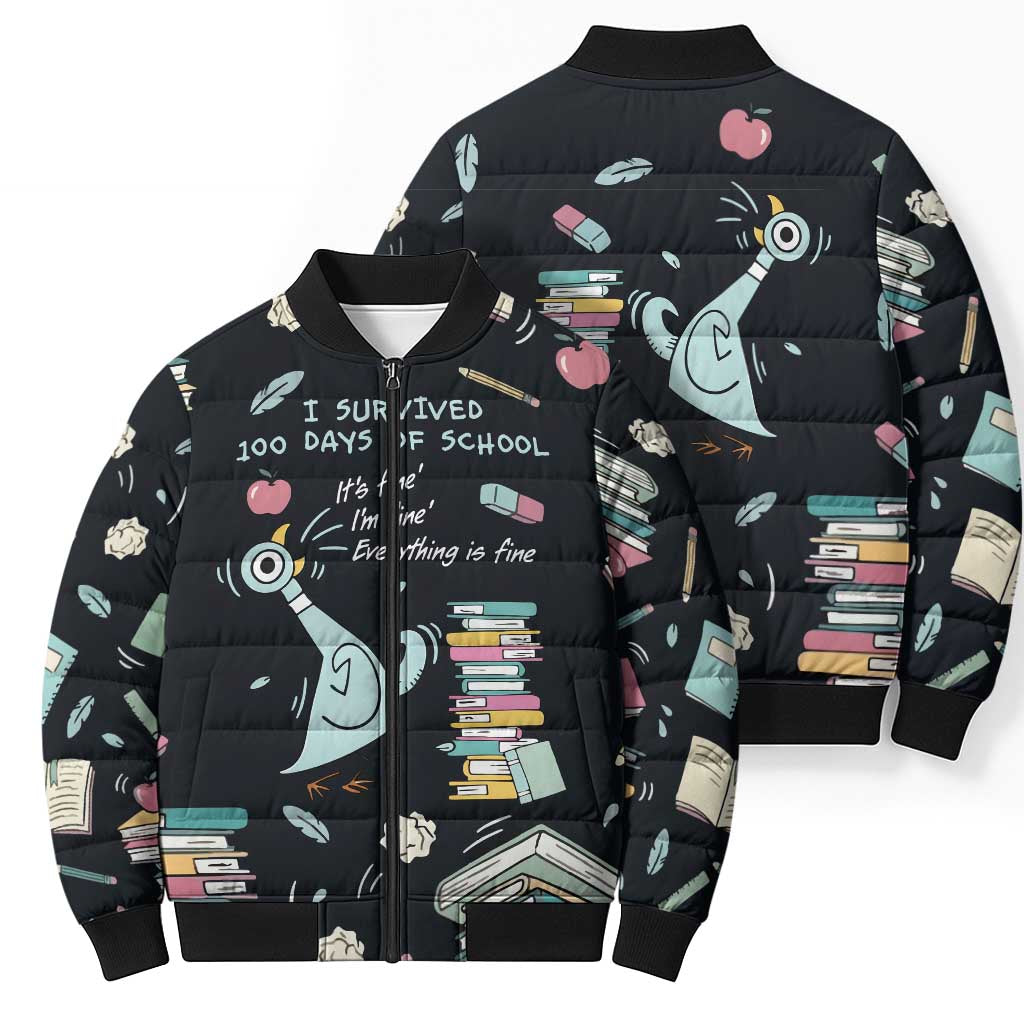I Survived 100 Days of School Bomber Puffer Jacket Funny Pigeon 100th Day Teacher
