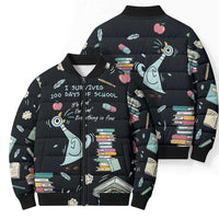 I Survived 100 Days of School Bomber Puffer Jacket Funny Pigeon 100th Day Teacher