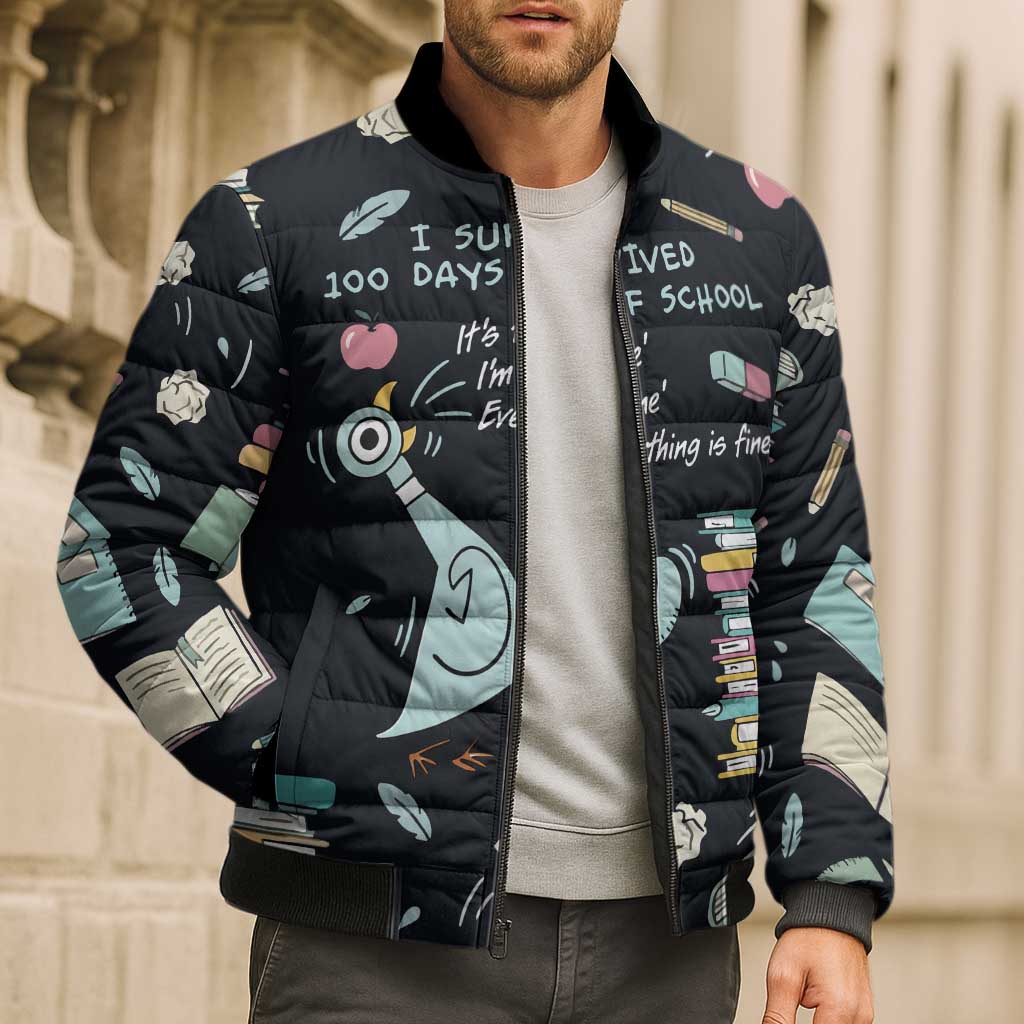 I Survived 100 Days of School Bomber Puffer Jacket Funny Pigeon 100th Day Teacher
