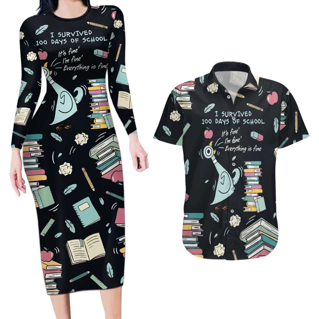 I Survived 100 Days of School Couples Matching Long Sleeve Bodycon Dress and Hawaiian Shirt Funny Pigeon 100th Day Teacher