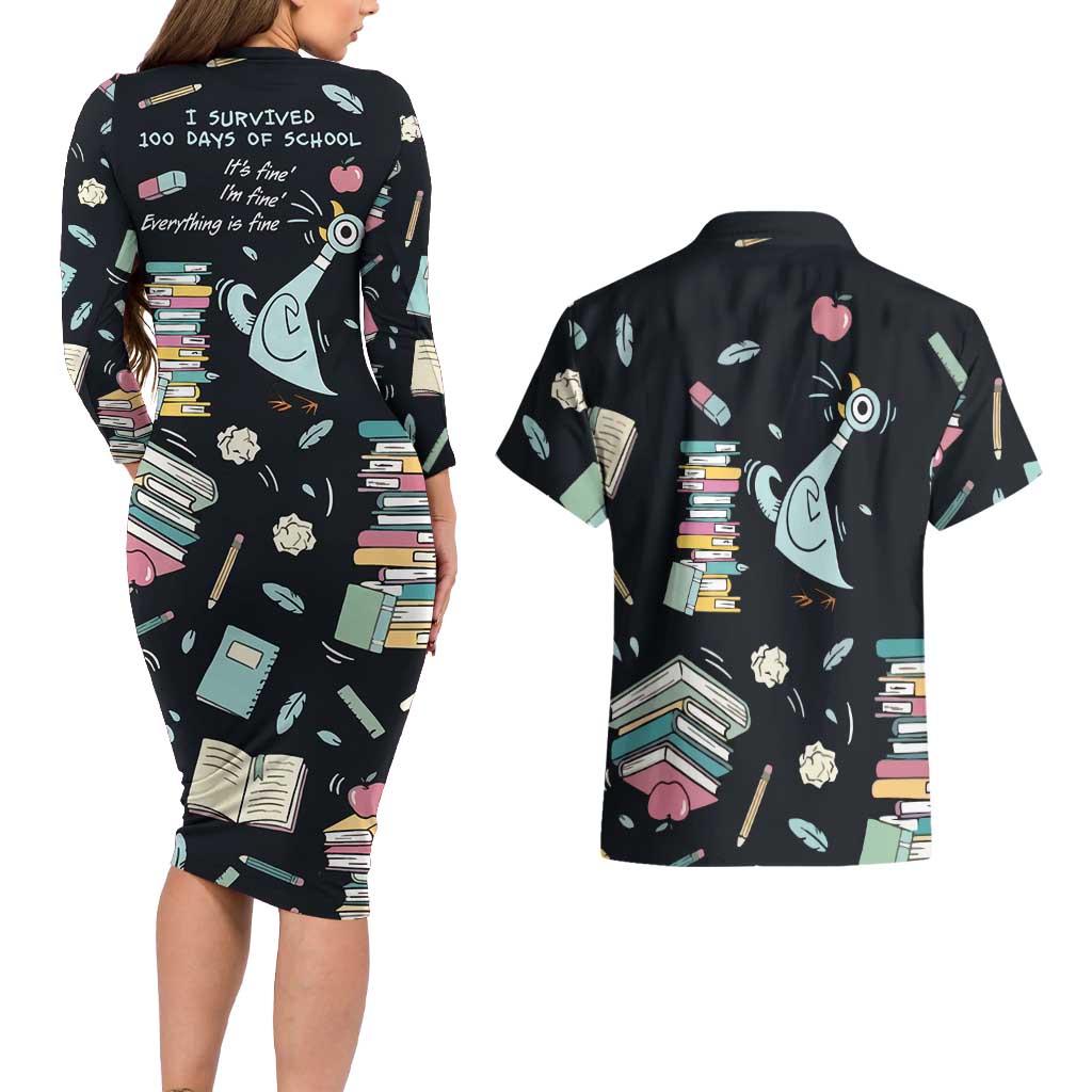 I Survived 100 Days of School Couples Matching Long Sleeve Bodycon Dress and Hawaiian Shirt Funny Pigeon 100th Day Teacher