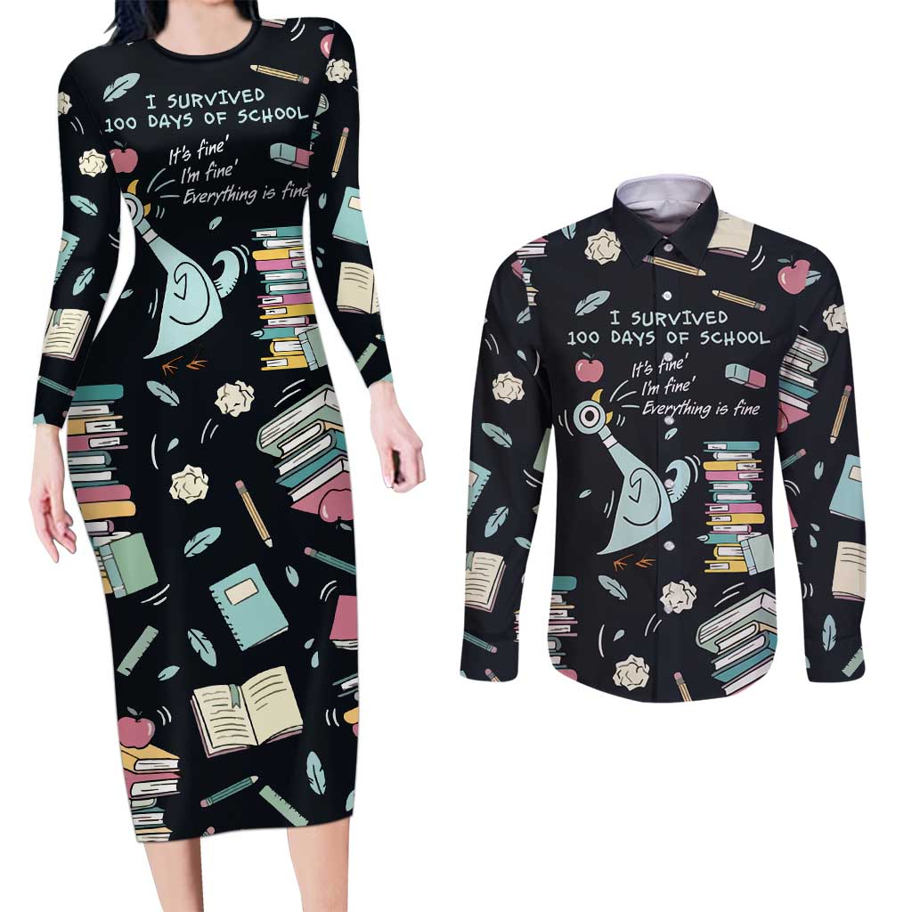 I Survived 100 Days of School Couples Matching Long Sleeve Bodycon Dress and Long Sleeve Button Shirt Funny Pigeon 100th Day Teacher