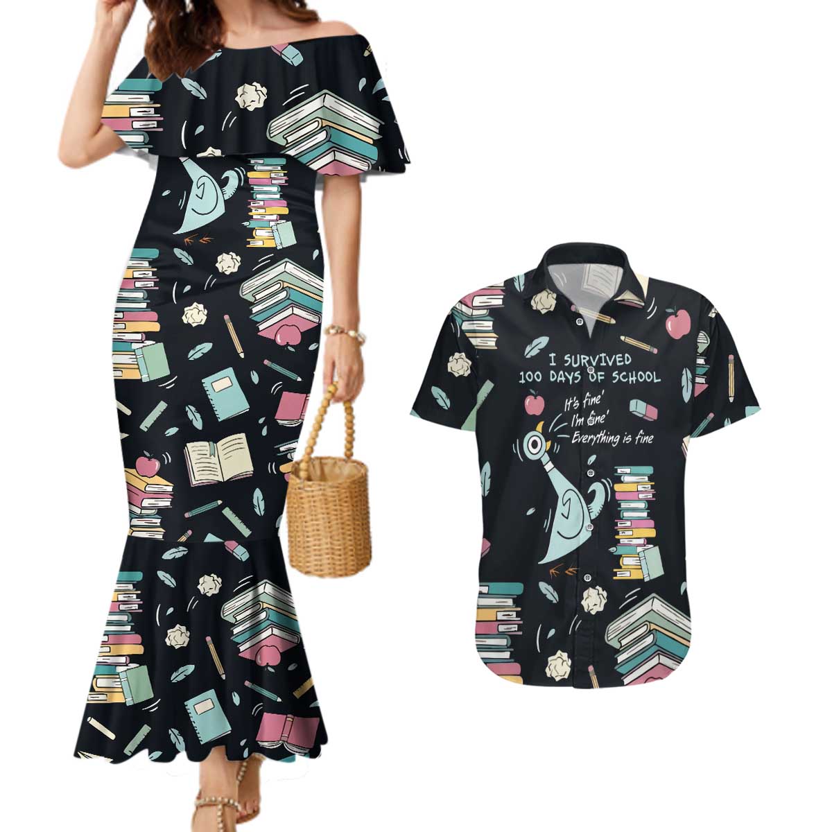 I Survived 100 Days of School Couples Matching Mermaid Dress and Hawaiian Shirt Funny Pigeon 100th Day Teacher