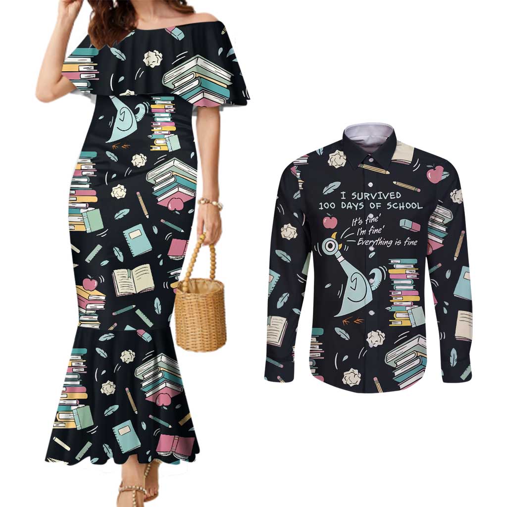 I Survived 100 Days of School Couples Matching Mermaid Dress and Long Sleeve Button Shirt Funny Pigeon 100th Day Teacher