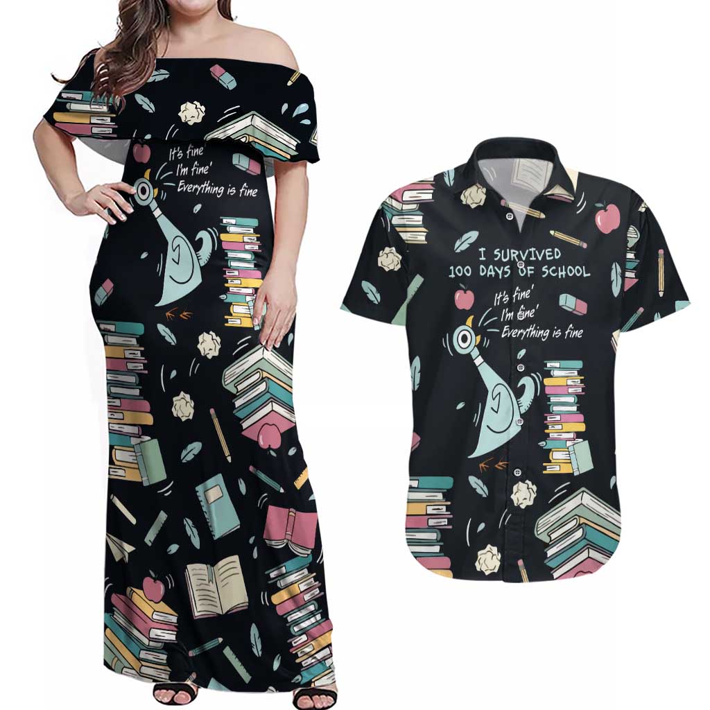 I Survived 100 Days of School Couples Matching Off Shoulder Maxi Dress and Hawaiian Shirt Funny Pigeon 100th Day Teacher