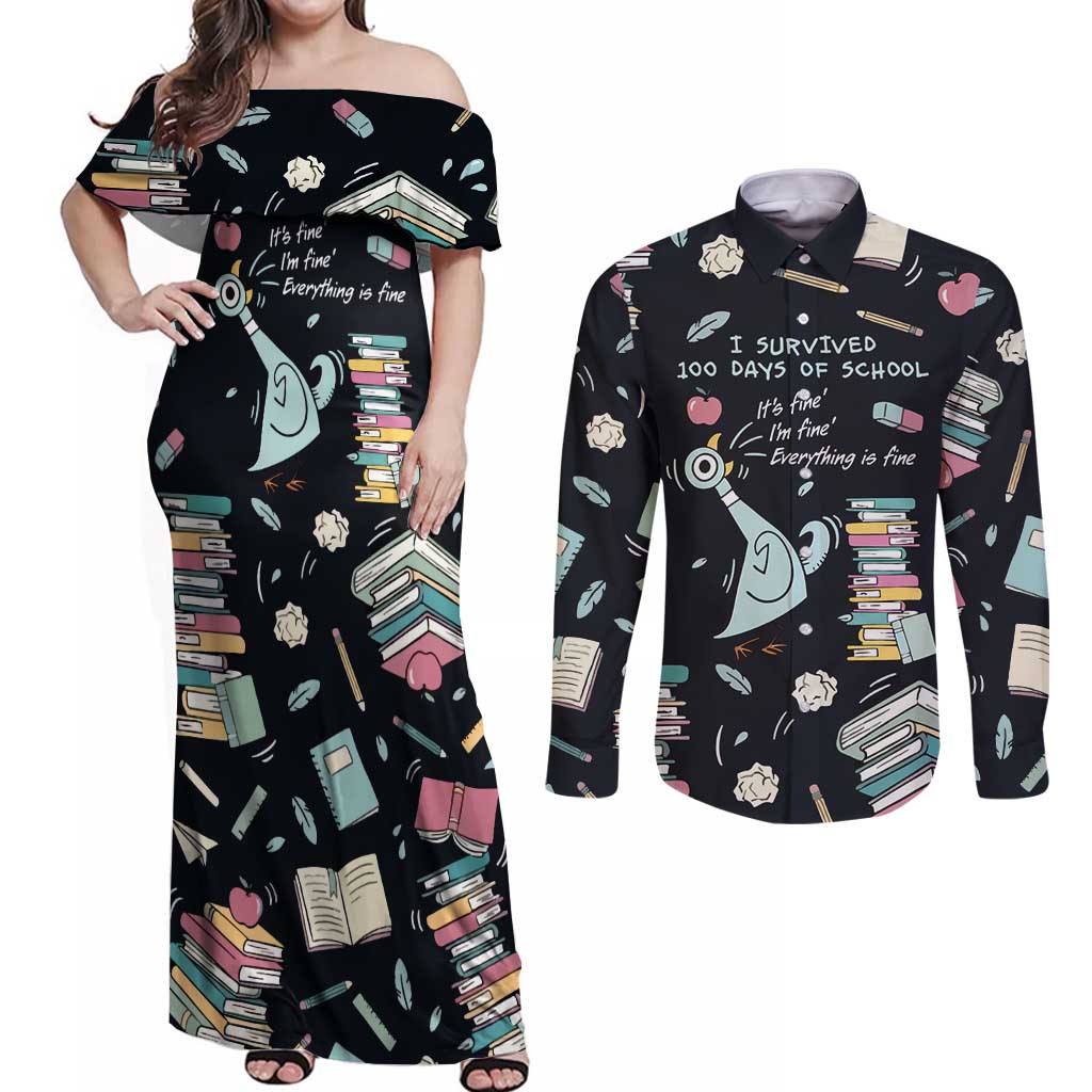 I Survived 100 Days of School Couples Matching Off Shoulder Maxi Dress and Long Sleeve Button Shirt Funny Pigeon 100th Day Teacher