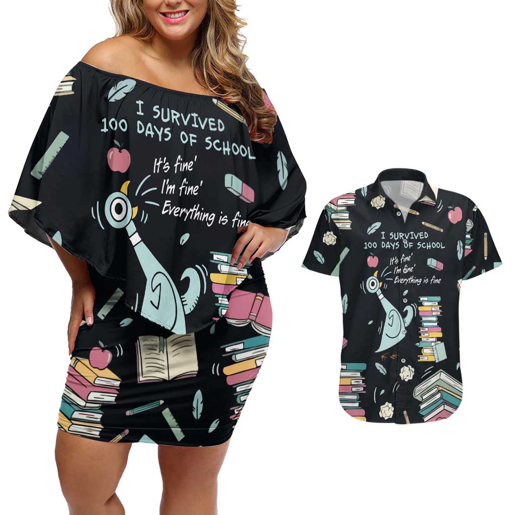 I Survived 100 Days of School Couples Matching Off Shoulder Short Dress and Hawaiian Shirt Funny Pigeon 100th Day Teacher