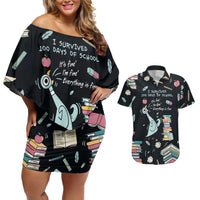 I Survived 100 Days of School Couples Matching Off Shoulder Short Dress and Hawaiian Shirt Funny Pigeon 100th Day Teacher