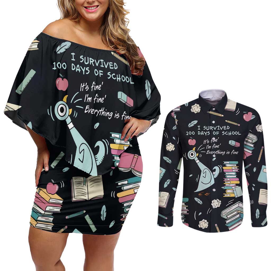 I Survived 100 Days of School Couples Matching Off Shoulder Short Dress and Long Sleeve Button Shirt Funny Pigeon 100th Day Teacher