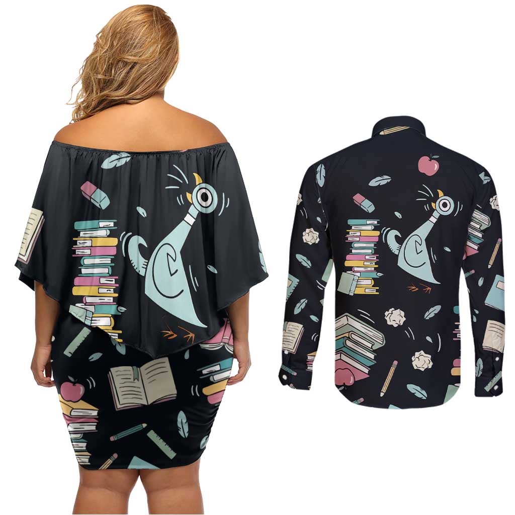 I Survived 100 Days of School Couples Matching Off Shoulder Short Dress and Long Sleeve Button Shirt Funny Pigeon 100th Day Teacher