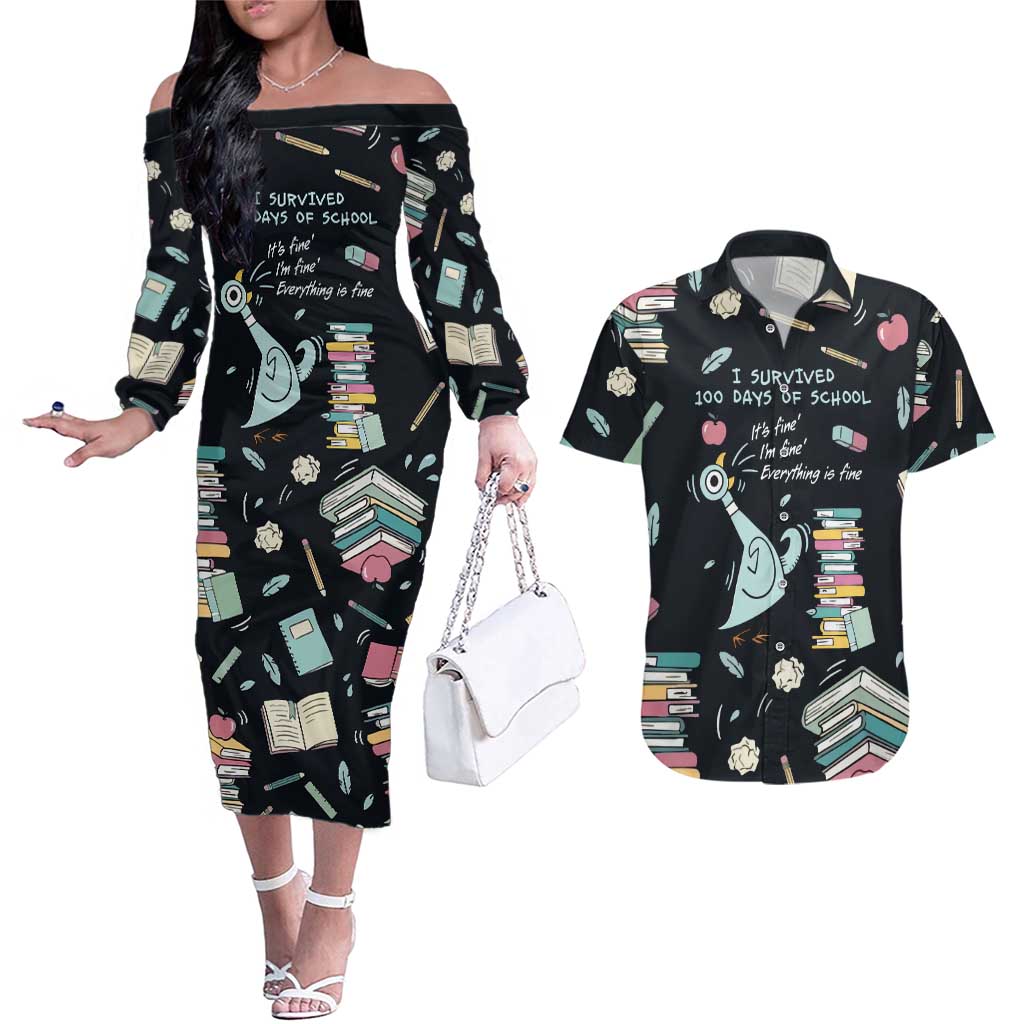 I Survived 100 Days of School Couples Matching Off The Shoulder Long Sleeve Dress and Hawaiian Shirt Funny Pigeon 100th Day Teacher