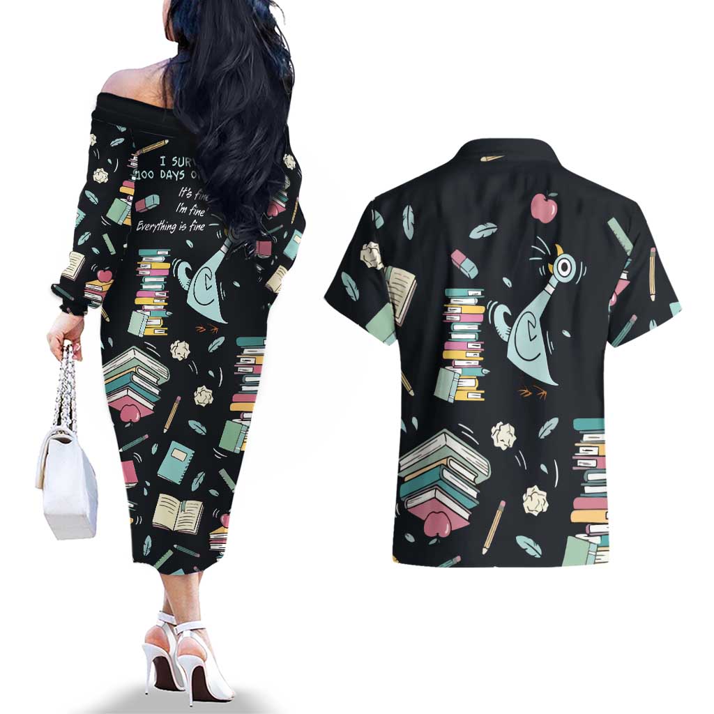 I Survived 100 Days of School Couples Matching Off The Shoulder Long Sleeve Dress and Hawaiian Shirt Funny Pigeon 100th Day Teacher