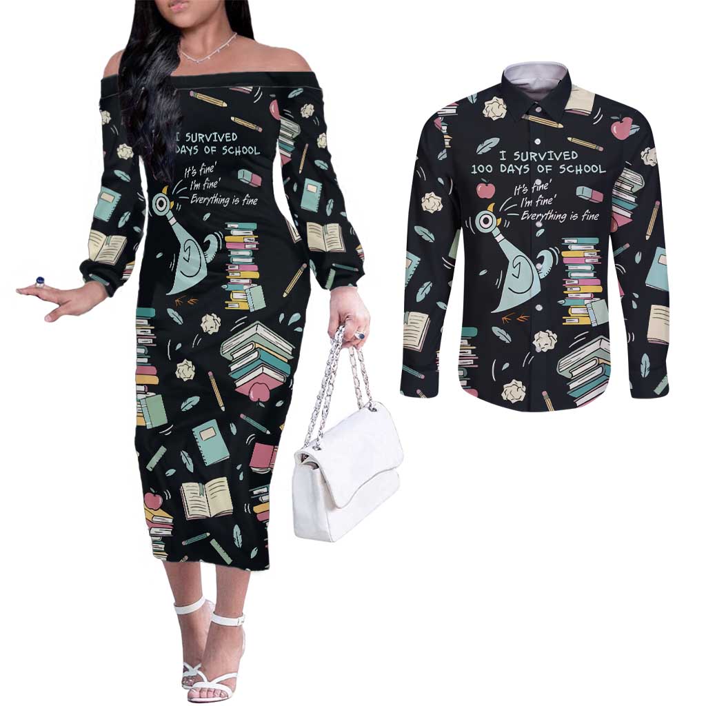 I Survived 100 Days of School Couples Matching Off The Shoulder Long Sleeve Dress and Long Sleeve Button Shirt Funny Pigeon 100th Day Teacher
