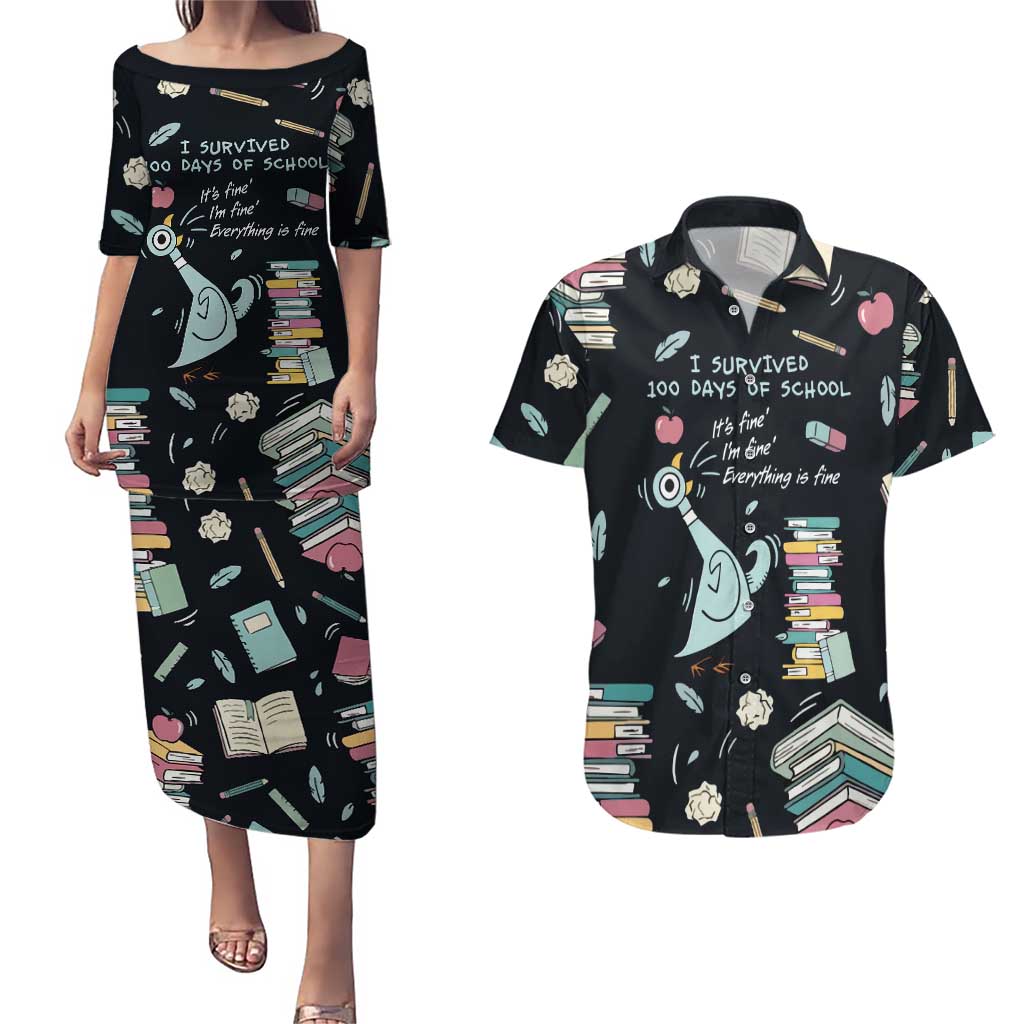 I Survived 100 Days of School Couples Matching Puletasi and Hawaiian Shirt Funny Pigeon 100th Day Teacher