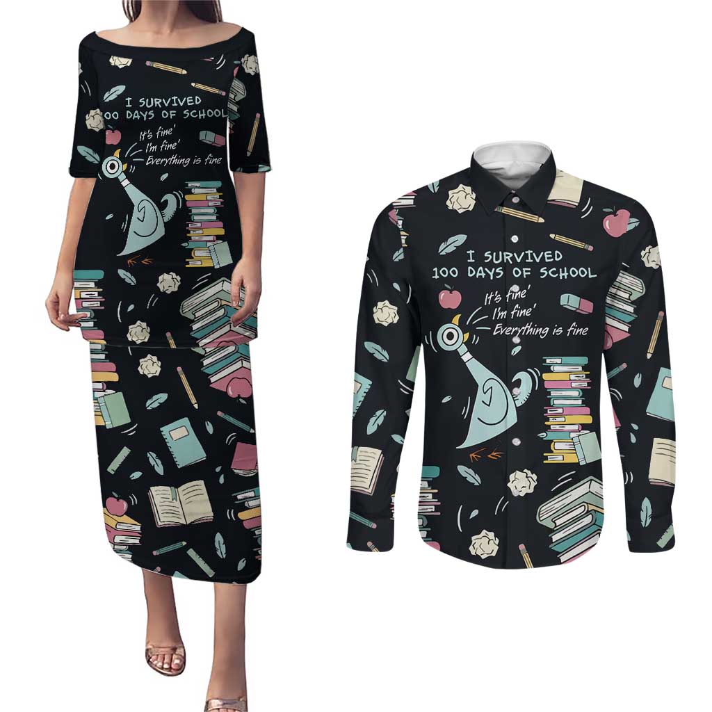 I Survived 100 Days of School Couples Matching Puletasi and Long Sleeve Button Shirt Funny Pigeon 100th Day Teacher