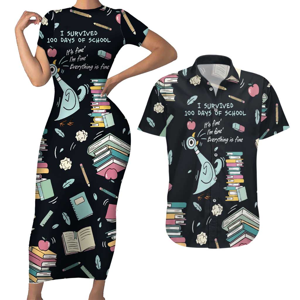 I Survived 100 Days of School Couples Matching Short Sleeve Bodycon Dress and Hawaiian Shirt Funny Pigeon 100th Day Teacher