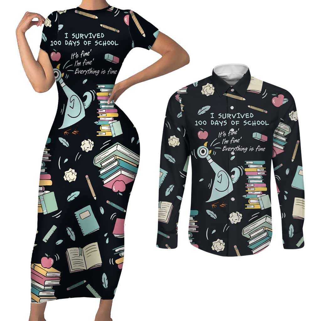 I Survived 100 Days of School Couples Matching Short Sleeve Bodycon Dress and Long Sleeve Button Shirt Funny Pigeon 100th Day Teacher