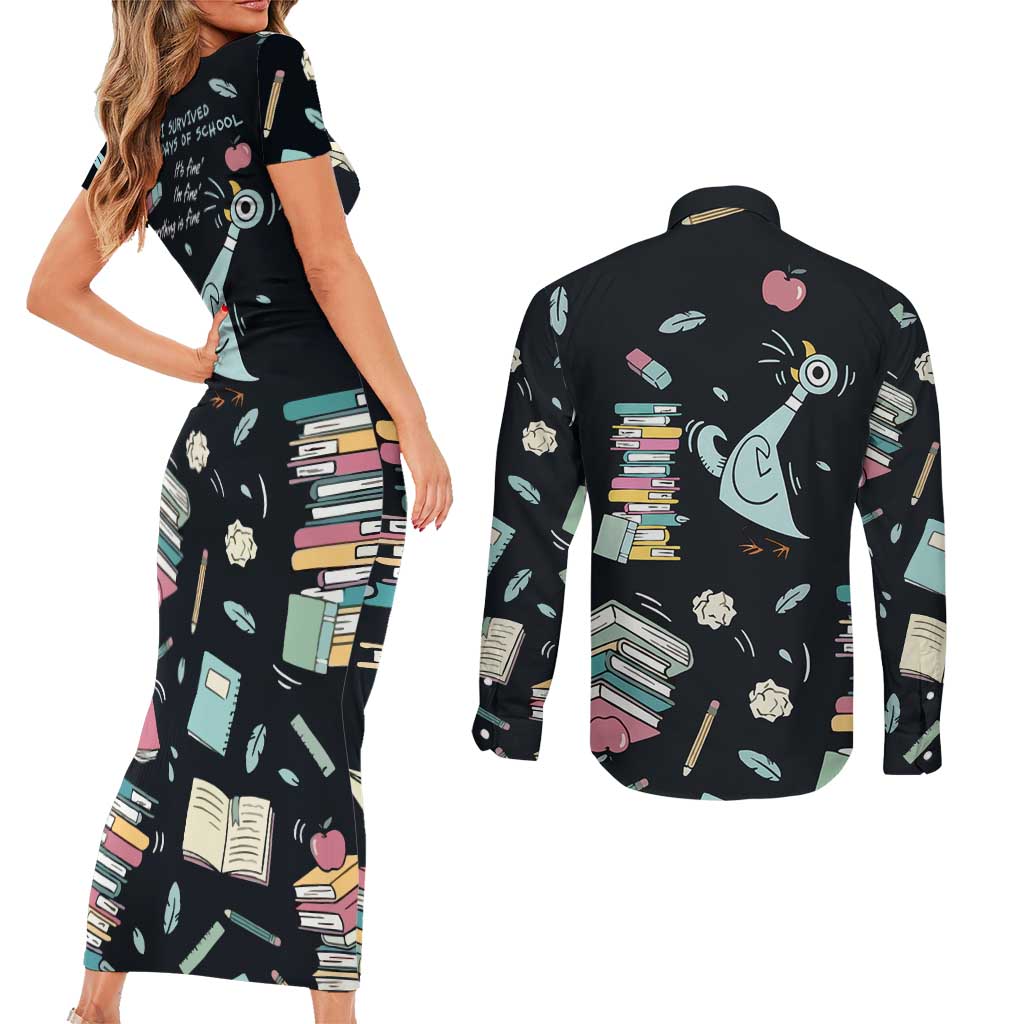 I Survived 100 Days of School Couples Matching Short Sleeve Bodycon Dress and Long Sleeve Button Shirt Funny Pigeon 100th Day Teacher