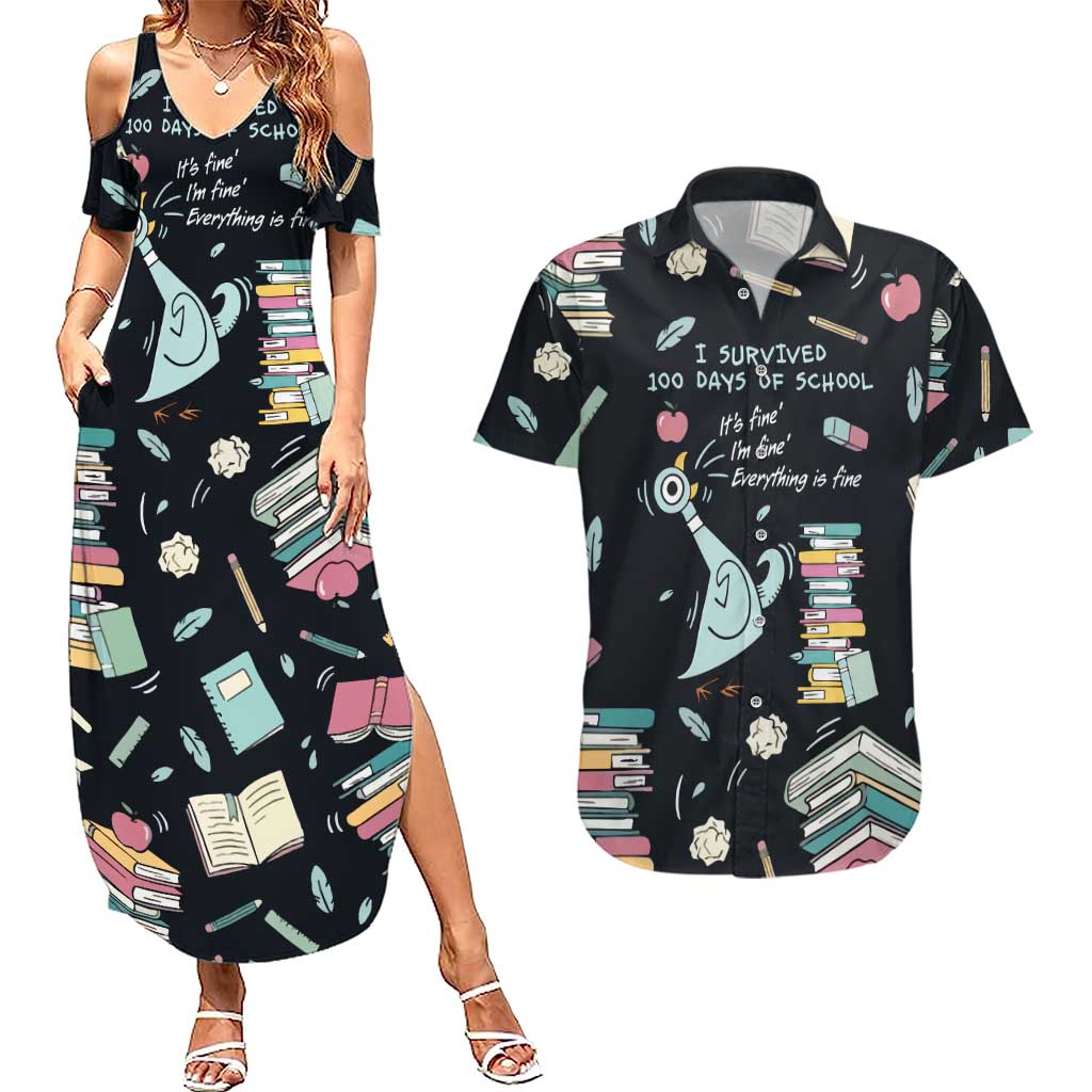 I Survived 100 Days of School Couples Matching Summer Maxi Dress and Hawaiian Shirt Funny Pigeon 100th Day Teacher