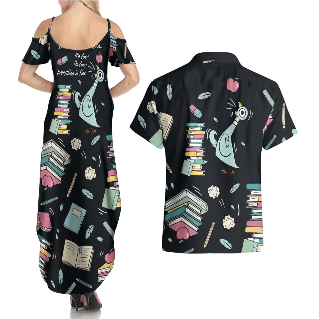 I Survived 100 Days of School Couples Matching Summer Maxi Dress and Hawaiian Shirt Funny Pigeon 100th Day Teacher