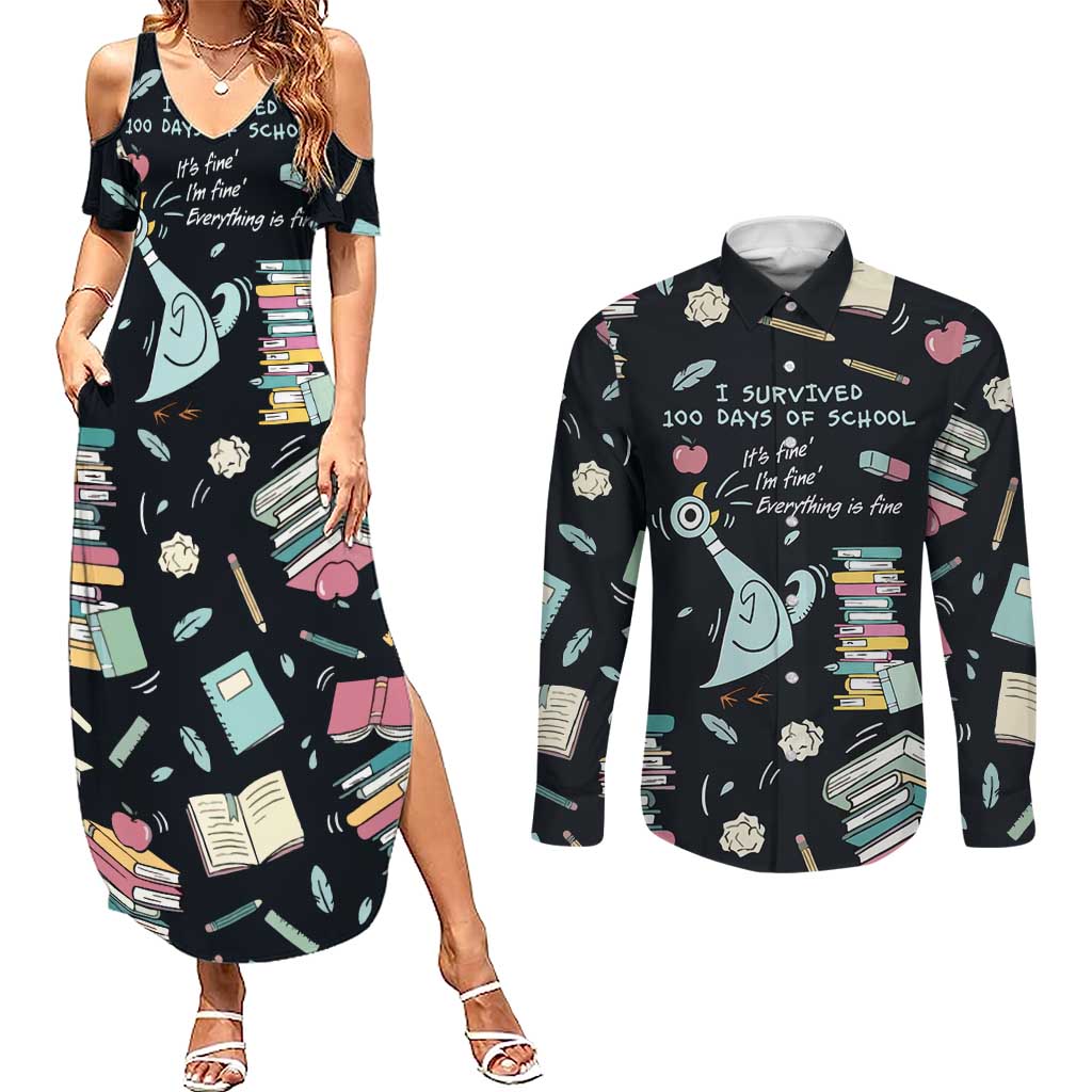 I Survived 100 Days of School Couples Matching Summer Maxi Dress and Long Sleeve Button Shirt Funny Pigeon 100th Day Teacher