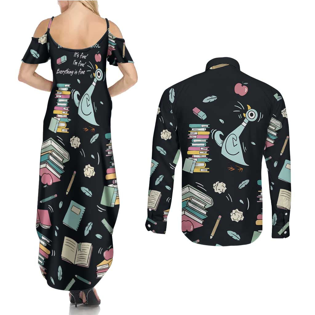 I Survived 100 Days of School Couples Matching Summer Maxi Dress and Long Sleeve Button Shirt Funny Pigeon 100th Day Teacher