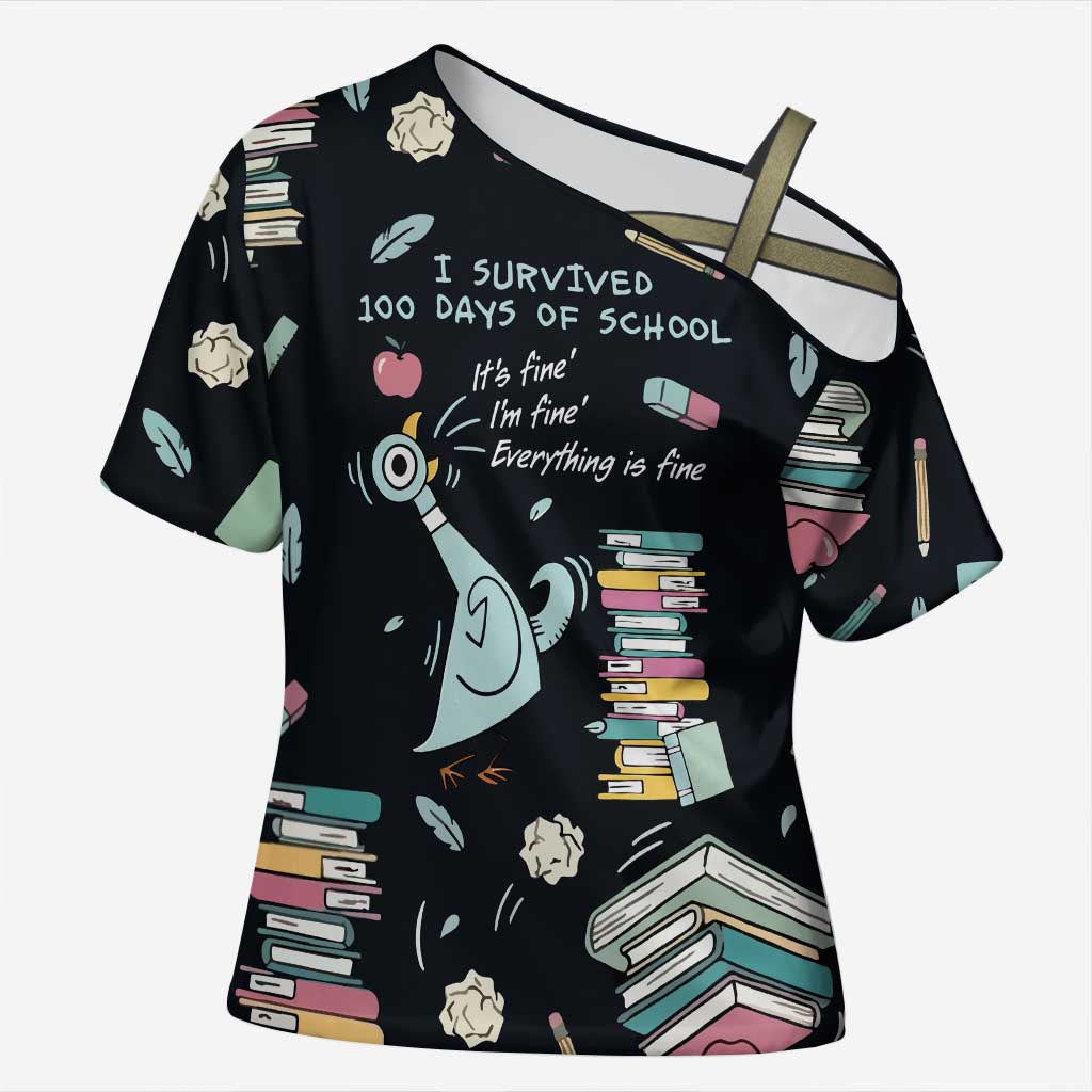 I Survived 100 Days of School Cross Shoulder Shirt Funny Pigeon 100th Day Teacher