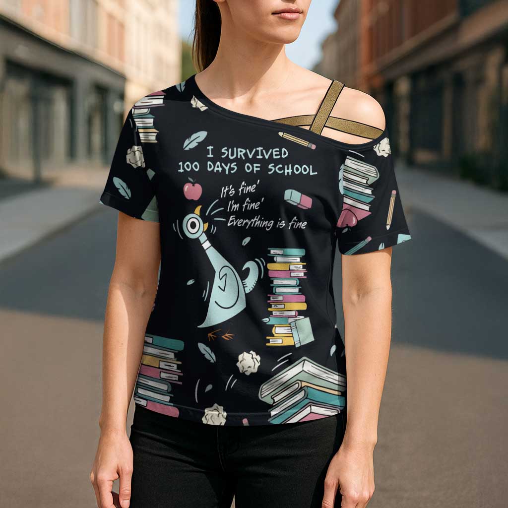 I Survived 100 Days of School Cross Shoulder Shirt Funny Pigeon 100th Day Teacher