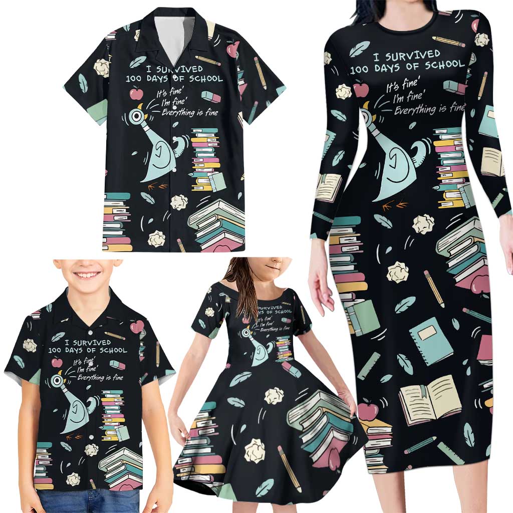 I Survived 100 Days of School Family Matching Long Sleeve Bodycon Dress and Hawaiian Shirt Funny Pigeon 100th Day Teacher
