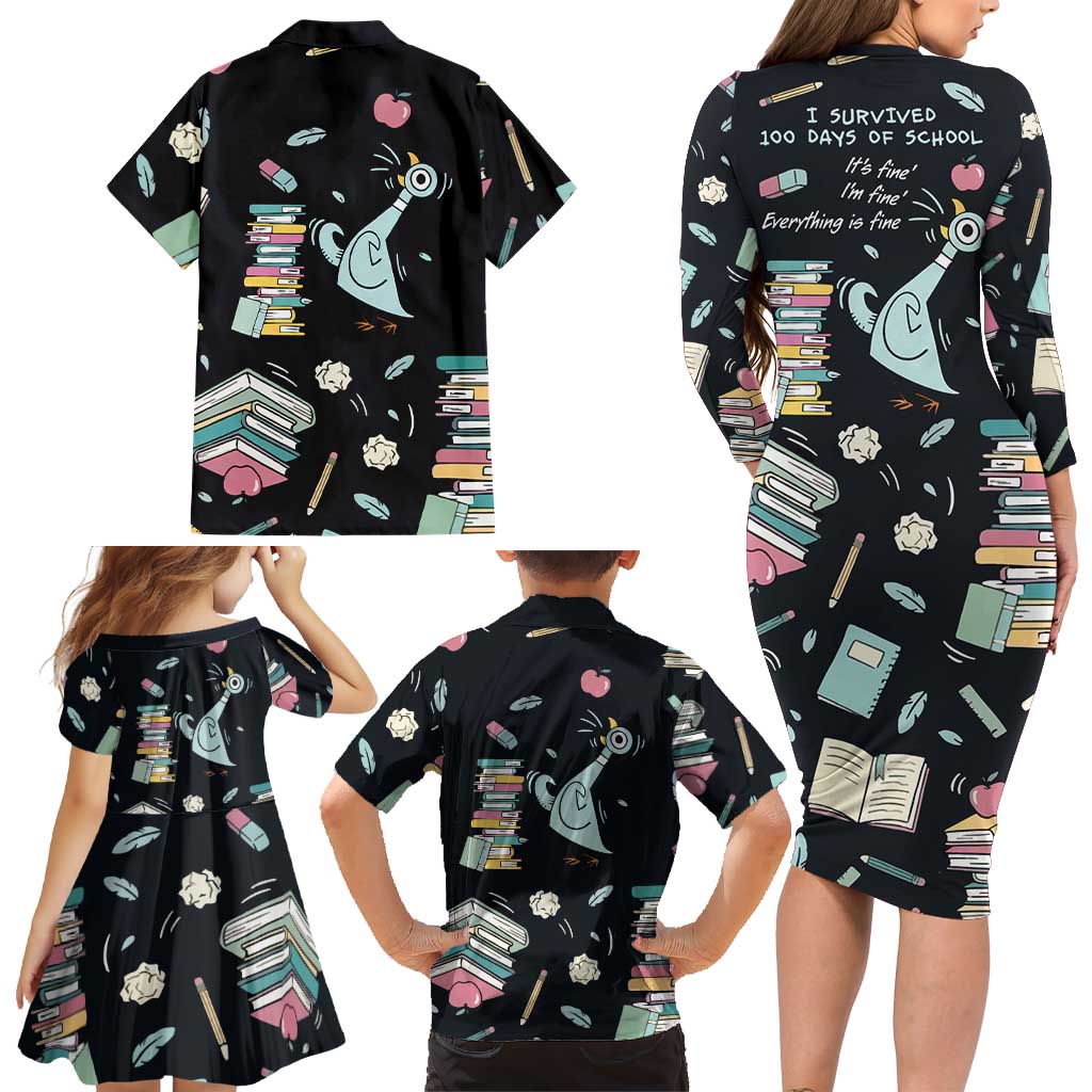 I Survived 100 Days of School Family Matching Long Sleeve Bodycon Dress and Hawaiian Shirt Funny Pigeon 100th Day Teacher