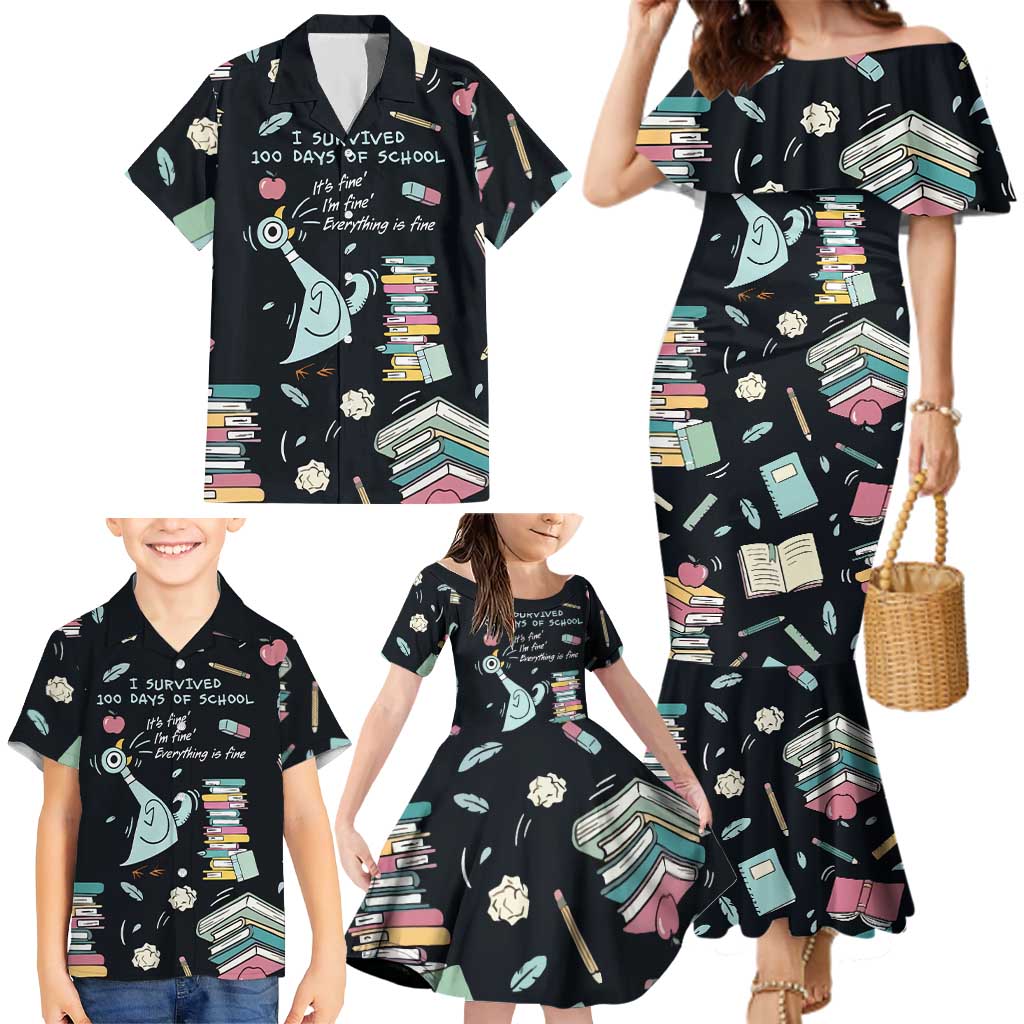 I Survived 100 Days of School Family Matching Mermaid Dress and Hawaiian Shirt Funny Pigeon 100th Day Teacher