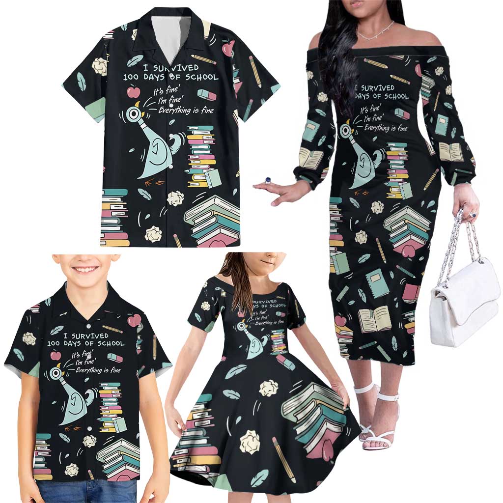 I Survived 100 Days of School Family Matching Off The Shoulder Long Sleeve Dress and Hawaiian Shirt Funny Pigeon 100th Day Teacher