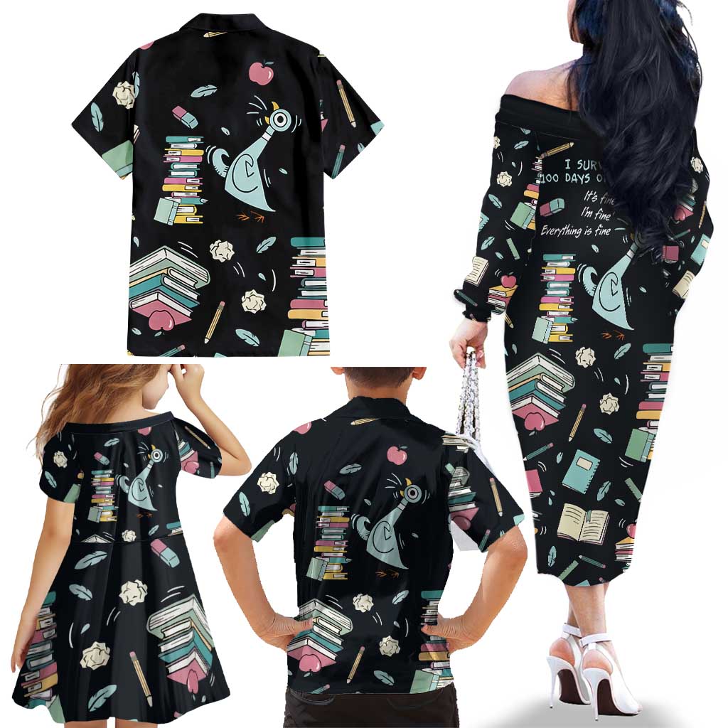 I Survived 100 Days of School Family Matching Off The Shoulder Long Sleeve Dress and Hawaiian Shirt Funny Pigeon 100th Day Teacher