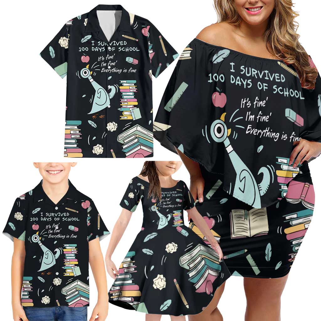 I Survived 100 Days of School Family Matching Off Shoulder Short Dress and Hawaiian Shirt Funny Pigeon 100th Day Teacher