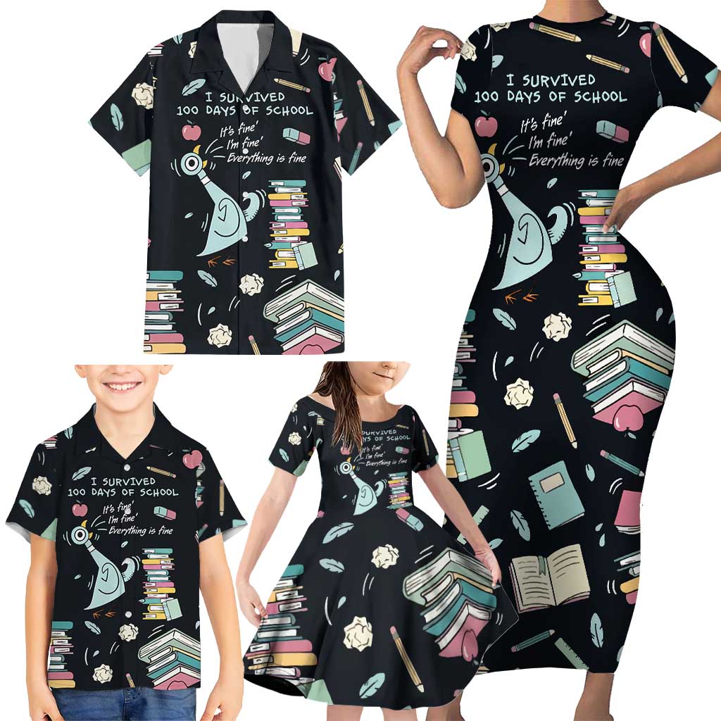I Survived 100 Days of School Family Matching Short Sleeve Bodycon Dress and Hawaiian Shirt Funny Pigeon 100th Day Teacher