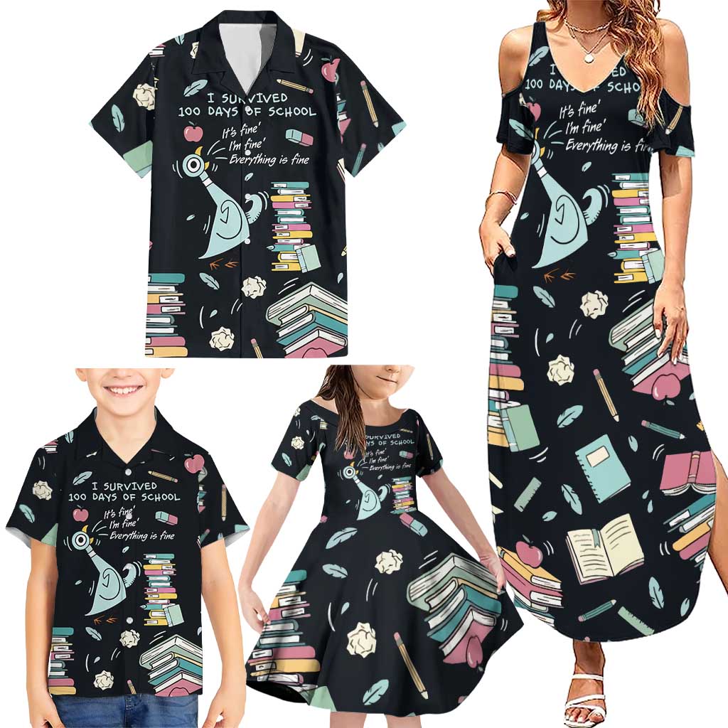 I Survived 100 Days of School Family Matching Summer Maxi Dress and Hawaiian Shirt Funny Pigeon 100th Day Teacher