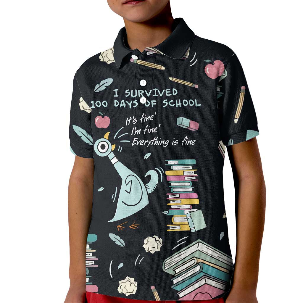 I Survived 100 Days of School Kid Polo Shirt Funny Pigeon 100th Day Teacher