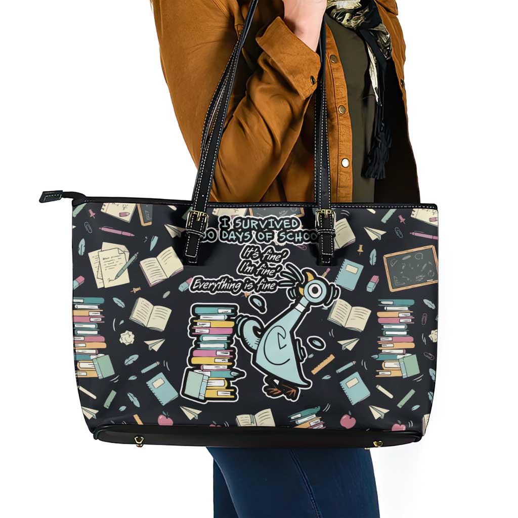 I Survived 100 Days of School Leather Tote Bag Funny Pigeon 100th Day Teacher