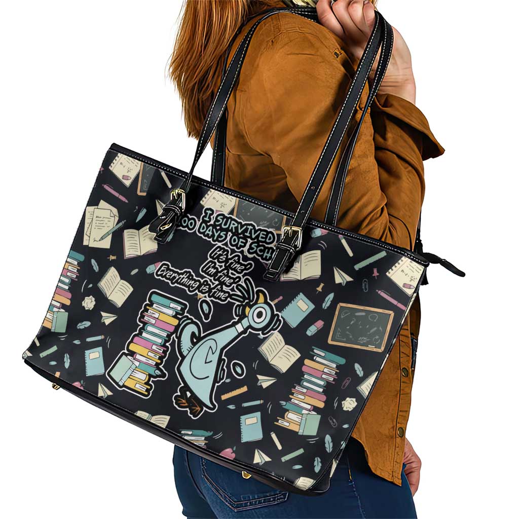 I Survived 100 Days of School Leather Tote Bag Funny Pigeon 100th Day Teacher