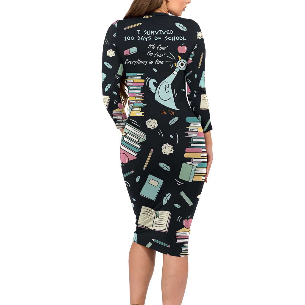 I Survived 100 Days of School Long Sleeve Bodycon Dress Funny Pigeon 100th Day Teacher