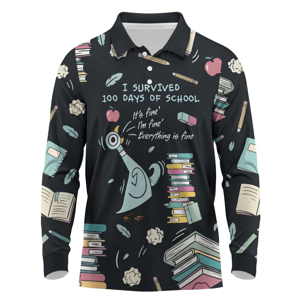 I Survived 100 Days of School Long Sleeve Polo Shirt Funny Pigeon 100th Day Teacher