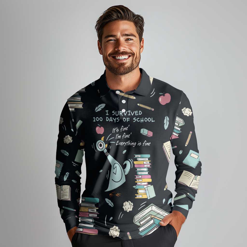 I Survived 100 Days of School Long Sleeve Polo Shirt Funny Pigeon 100th Day Teacher