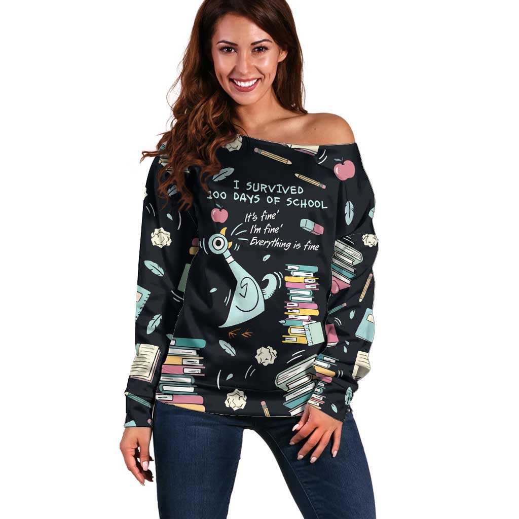 I Survived 100 Days of School Off Shoulder Sweater Funny Pigeon 100th Day Teacher
